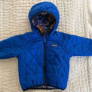 Patagonia Bright Blue Quilted Hooded Jacket with Patterned Lining